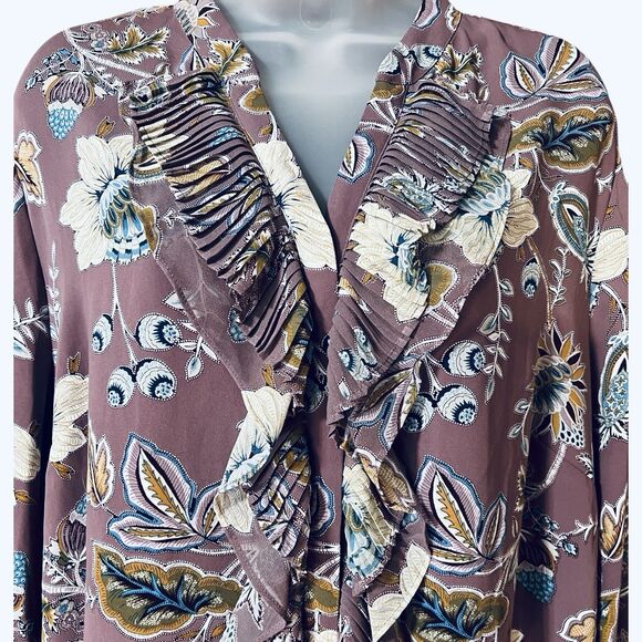 Chico's Floral Ruffled V-Neck Button Down Blouse Long Sleeves Sz XL Cottagecore - Picture 7 of 9